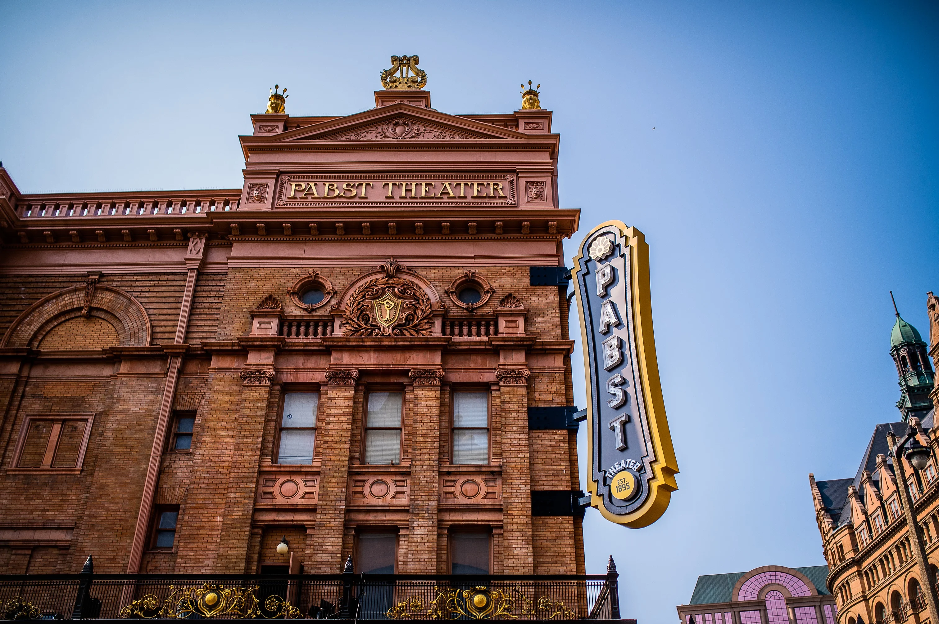 Pabst Theater blade sign illuminated at night