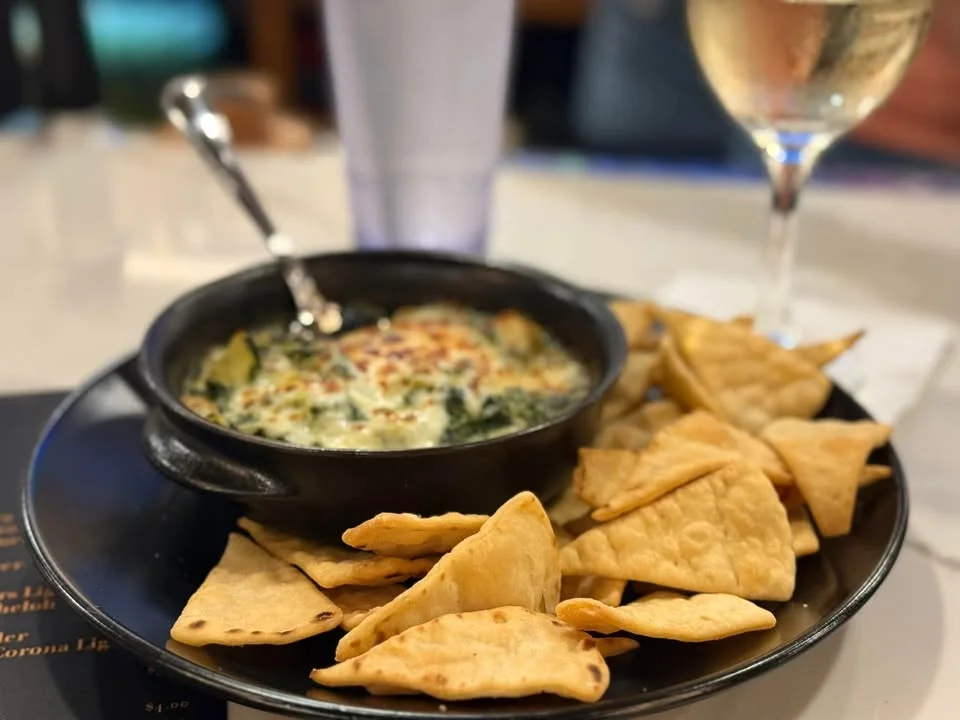 Spinach, Artichoke and Crab Gratin Dip with Toasted Pita Chips