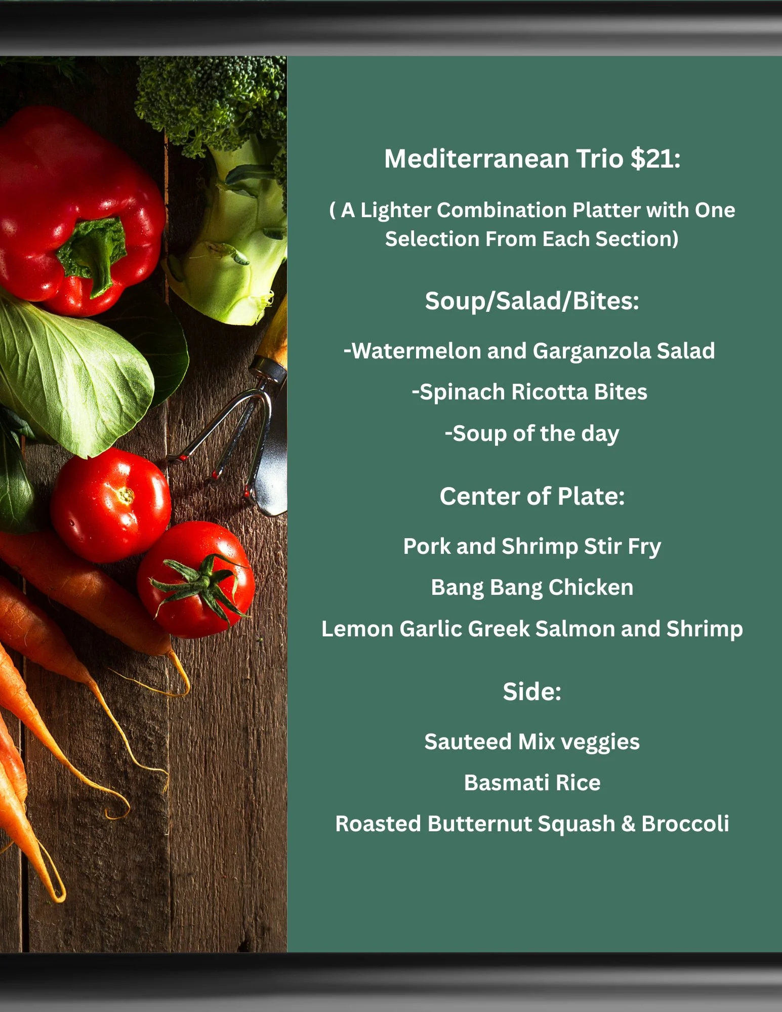 Mediterranean restaurant menu graphic featuring a combination platter and food photography