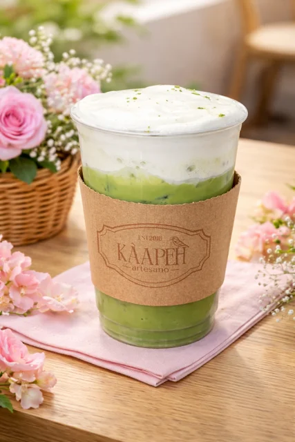 A refreshing glass of matcha beverage topped with frothy cream, served in a cup with a decorative sleeve. The drink is surrounded by pink flowers and a wicker basket.