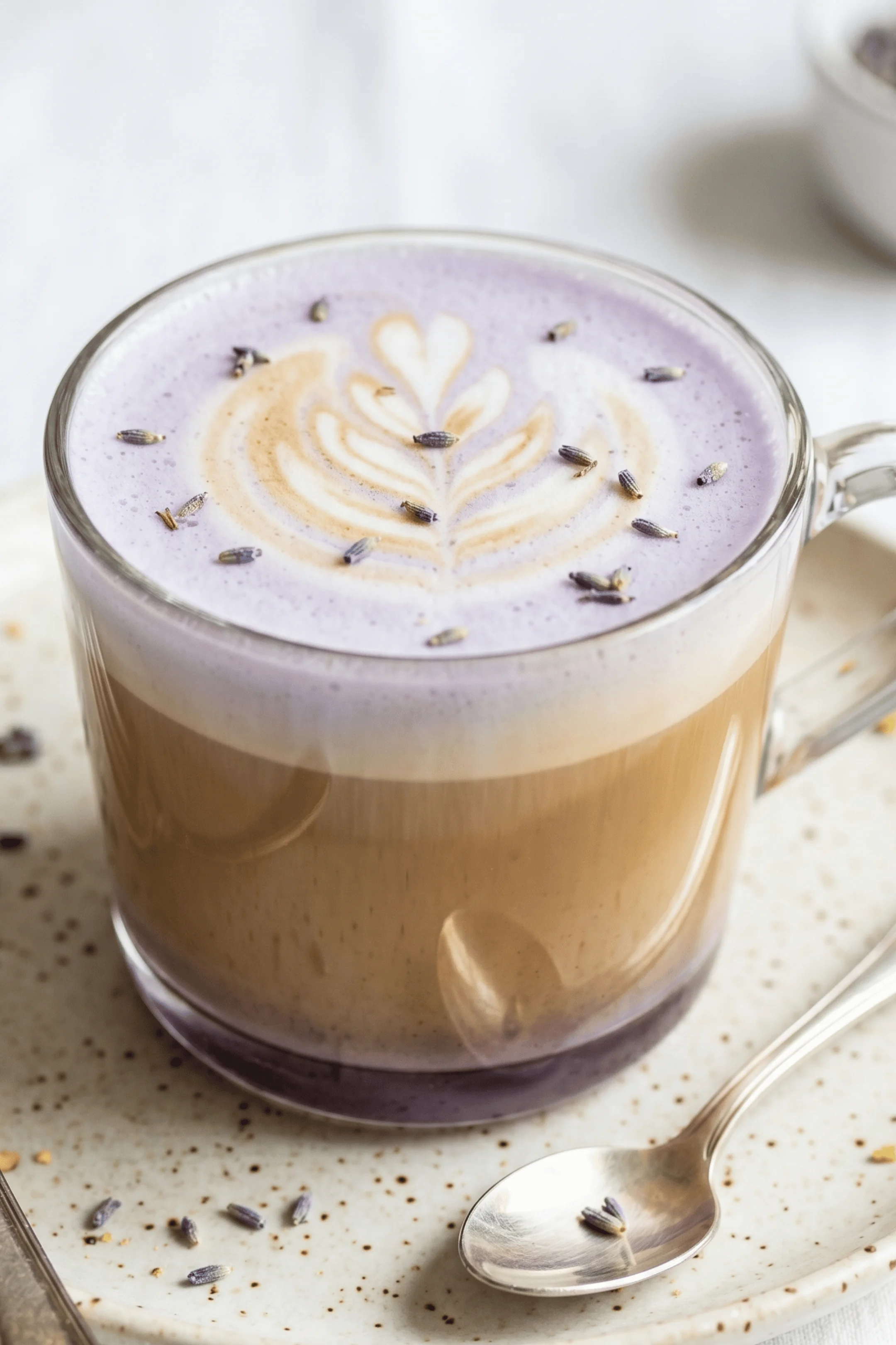 Lavender latte with artistic foam design