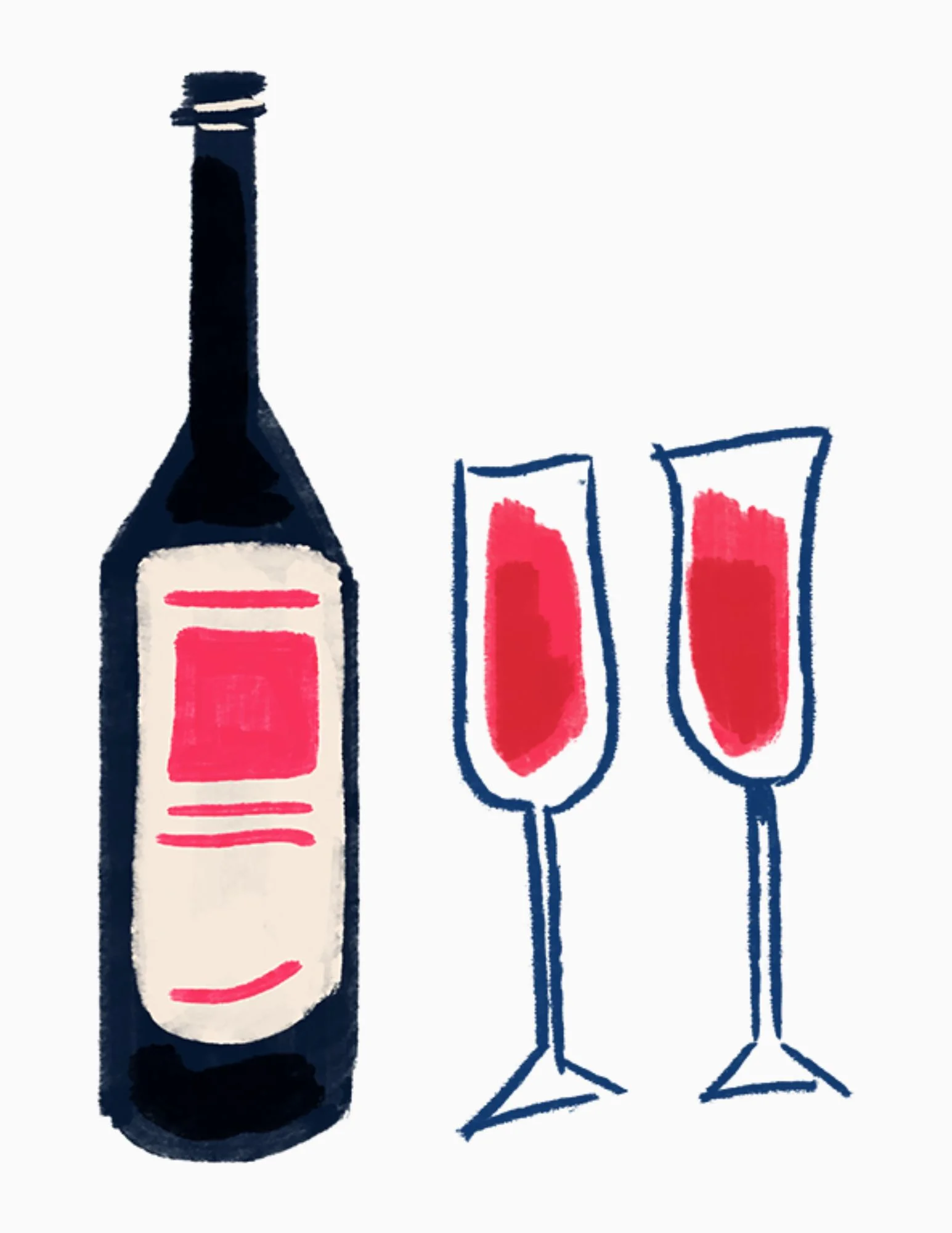 Hand-drawn illustration of a wine bottle and two filled wine glasses