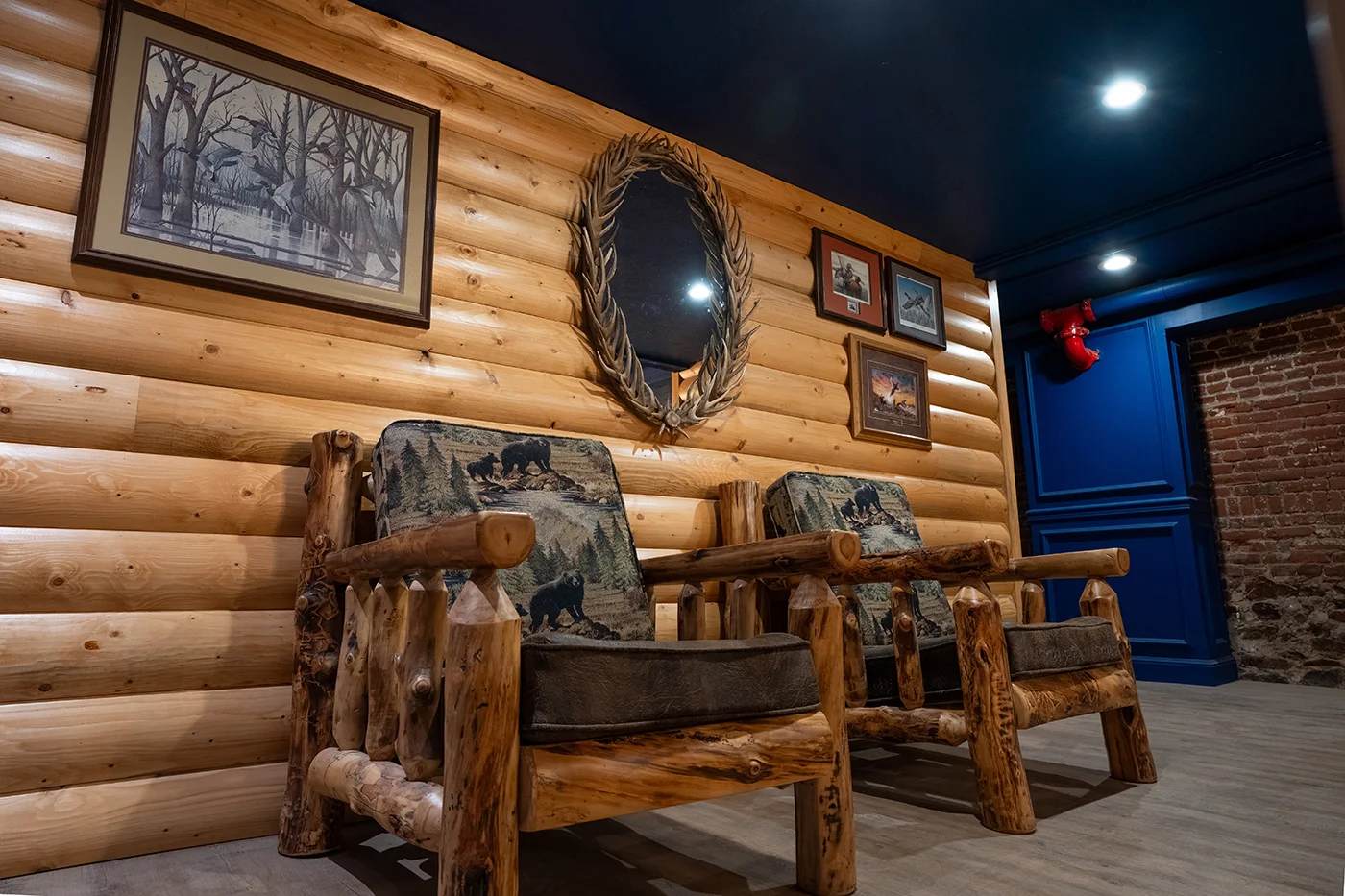 Cozy restaurant interior with log furniture and rustic decor