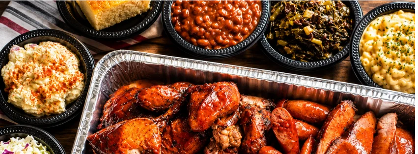 Southern barbecue platter with smoked meats and classic sides