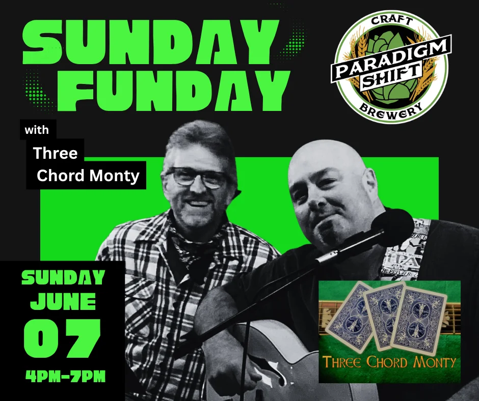 Event poster for Sunday Funday with Nick Bonner at Paradigm Shift Brewery.