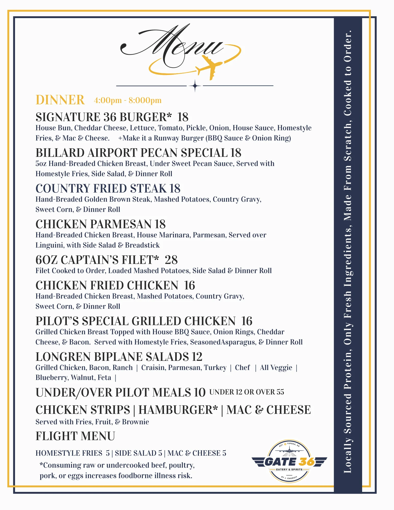 Dinner menu at Gate 36 Eatery featuring American comfort food