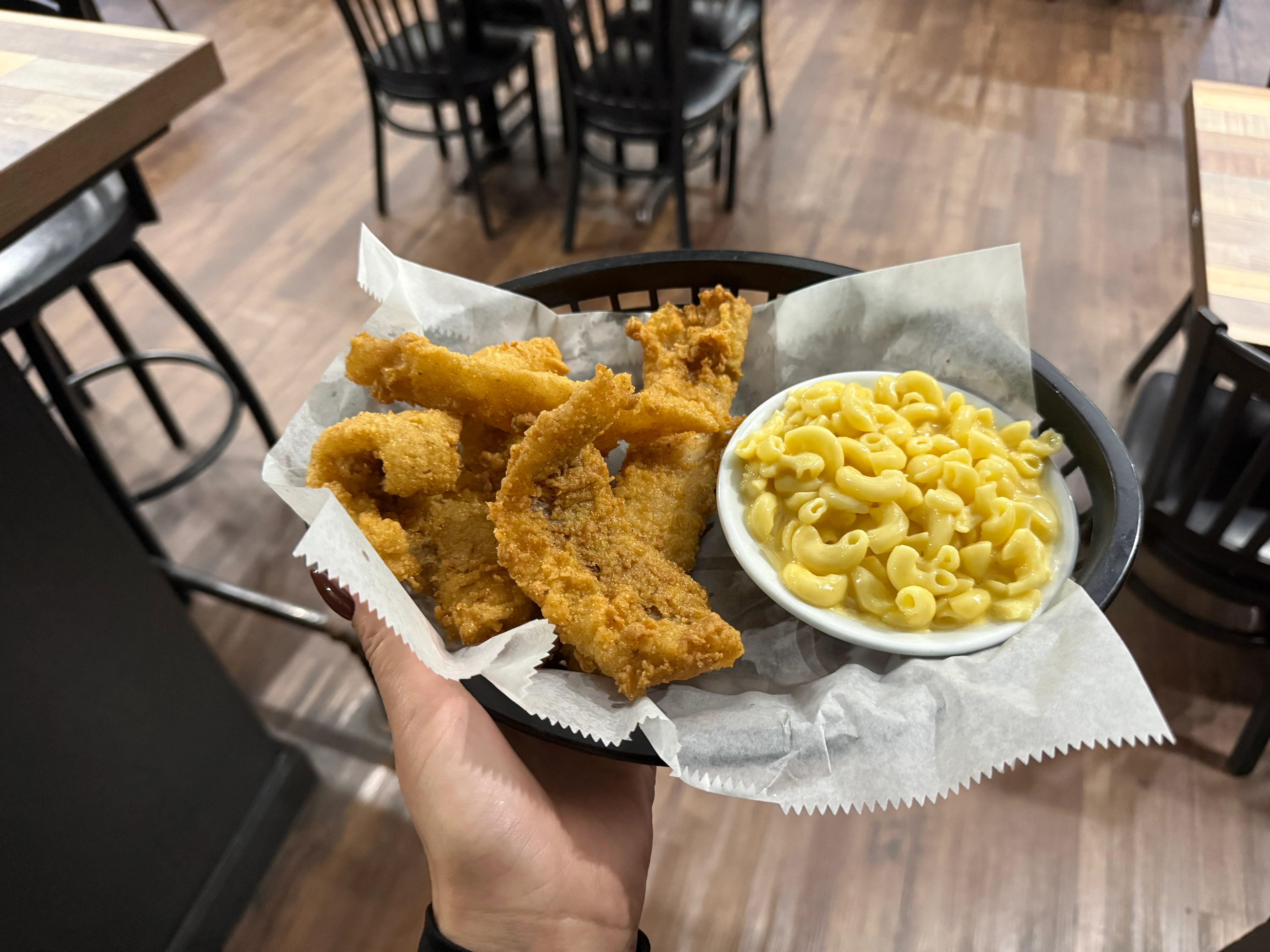 Southern fried catfish with macaroni and cheese