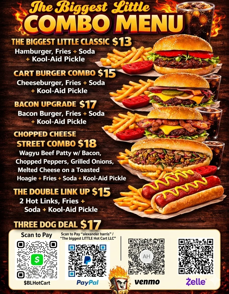 A colorful menu featuring various food combos, including burgers, fries, and drinks, along with prices and descriptions.