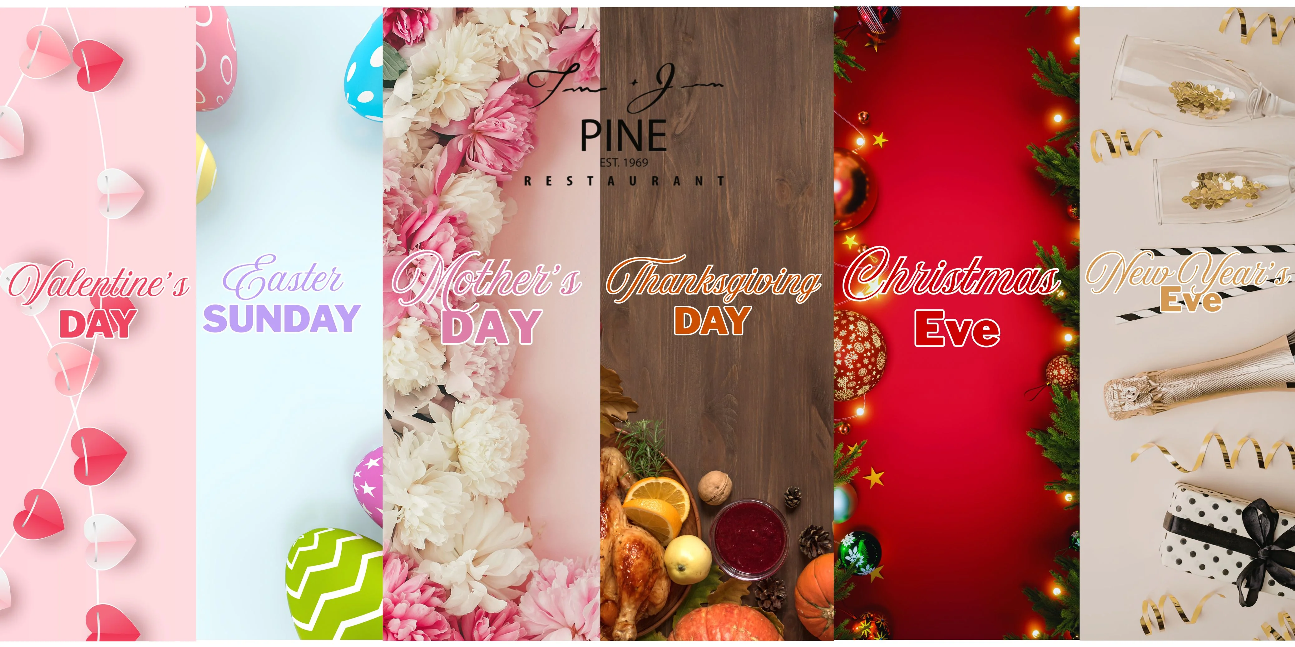 Promotional image for holiday events at Pine Restaurant.