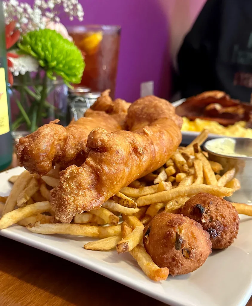 Southern-style fish and chips with fries and hushpuppies