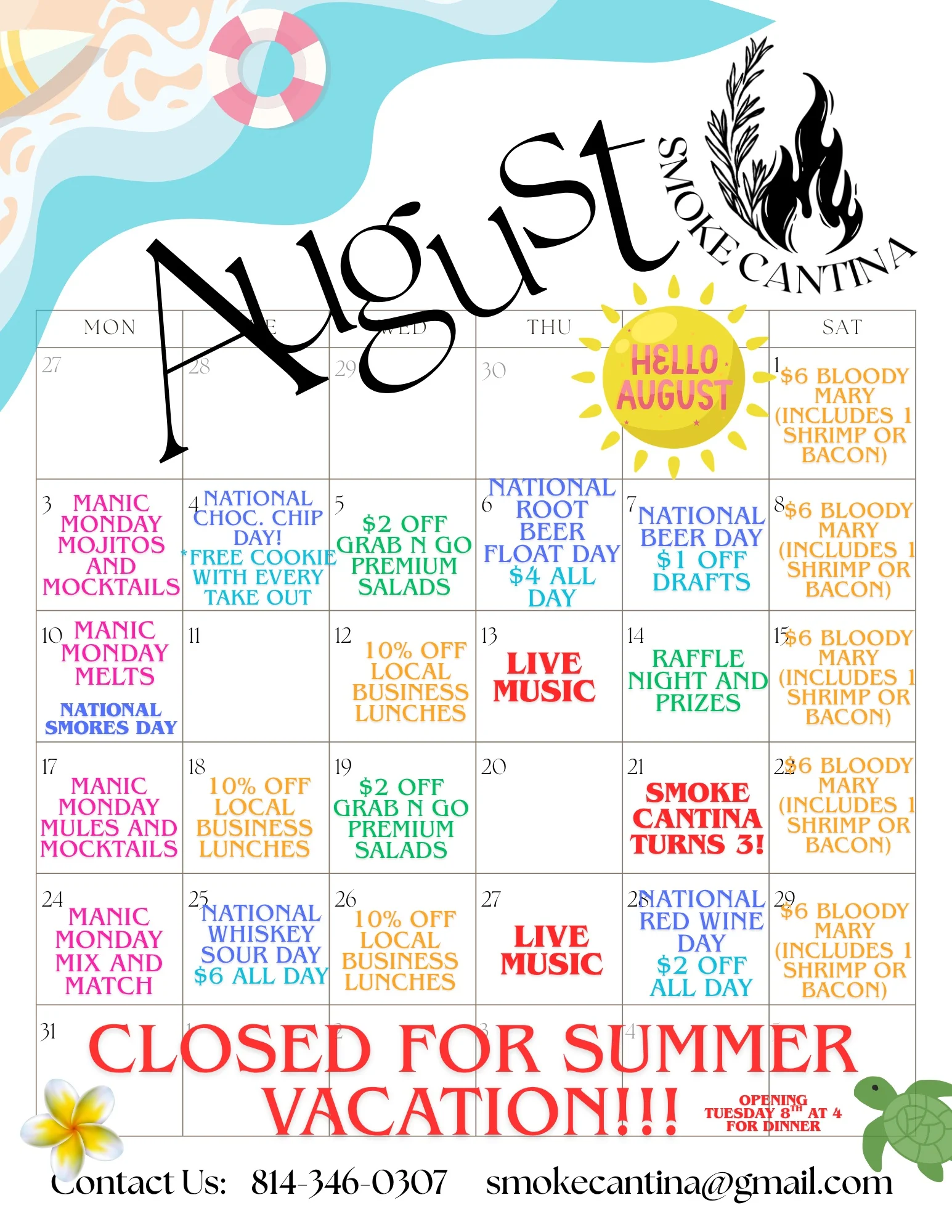 July 2026 restaurant event calendar with themed nights and specials