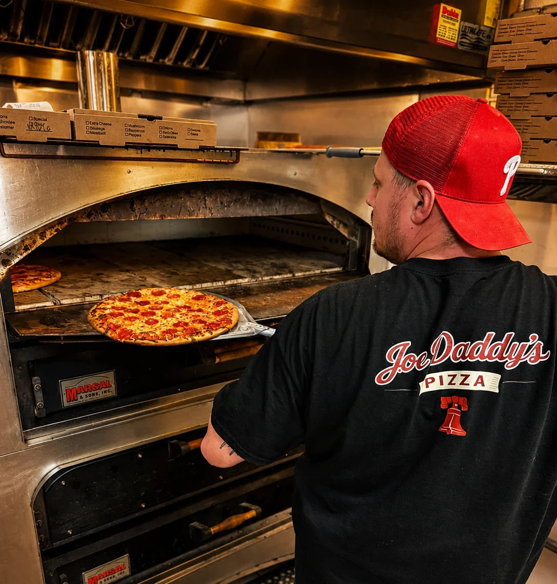 Pepperoni pizza being pulled from a commercial oven