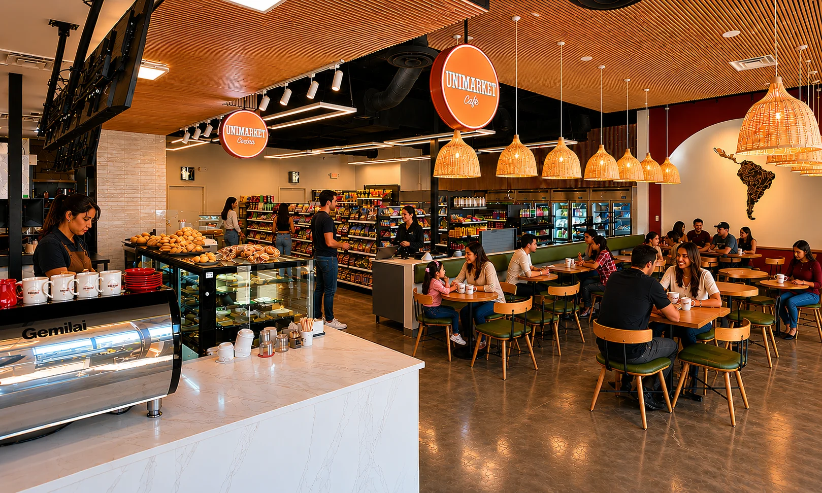 Modern café interior with customers enjoying coffee and pastries.