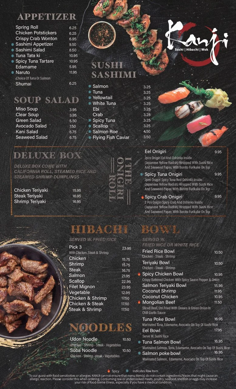 Japanese sushi menu featuring assorted sashimi and rolls