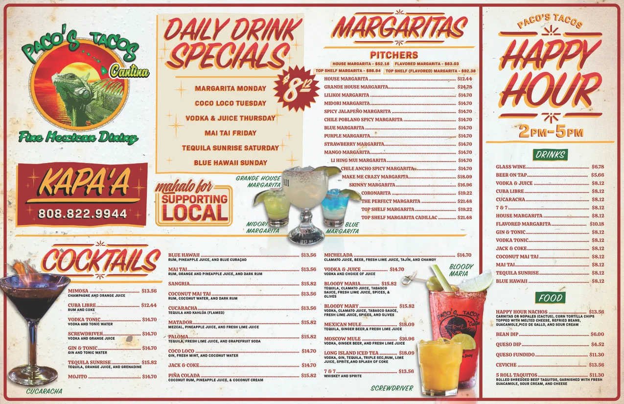 Colorful drink menu featuring margaritas and cocktails at a Mexican cantina