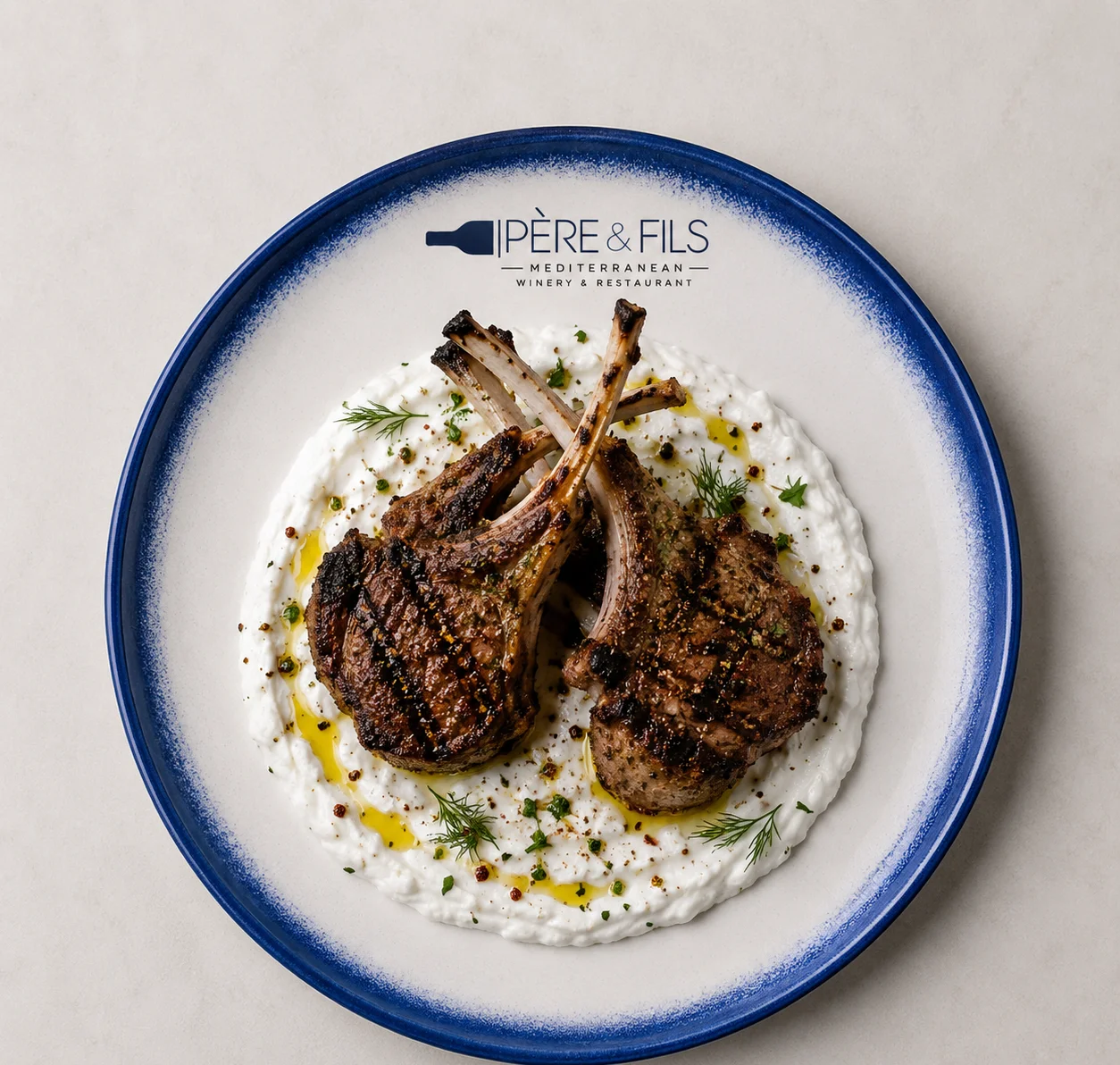 Grilled lamb chops on creamy yogurt sauce