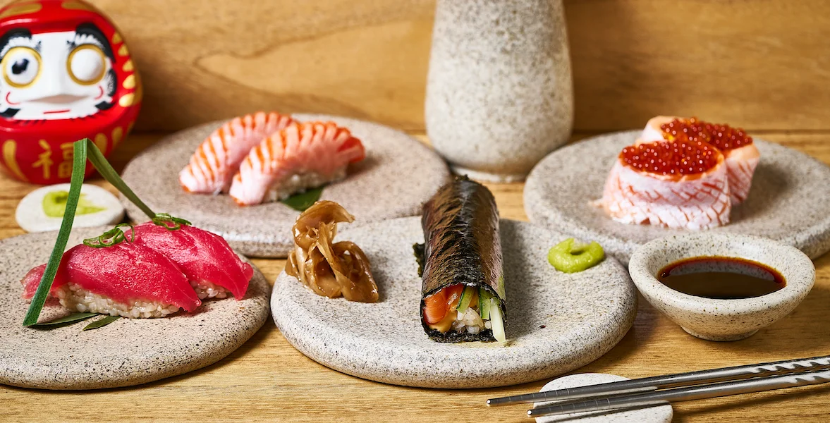 Assorted Japanese sushi platter with fresh fish and wasabi