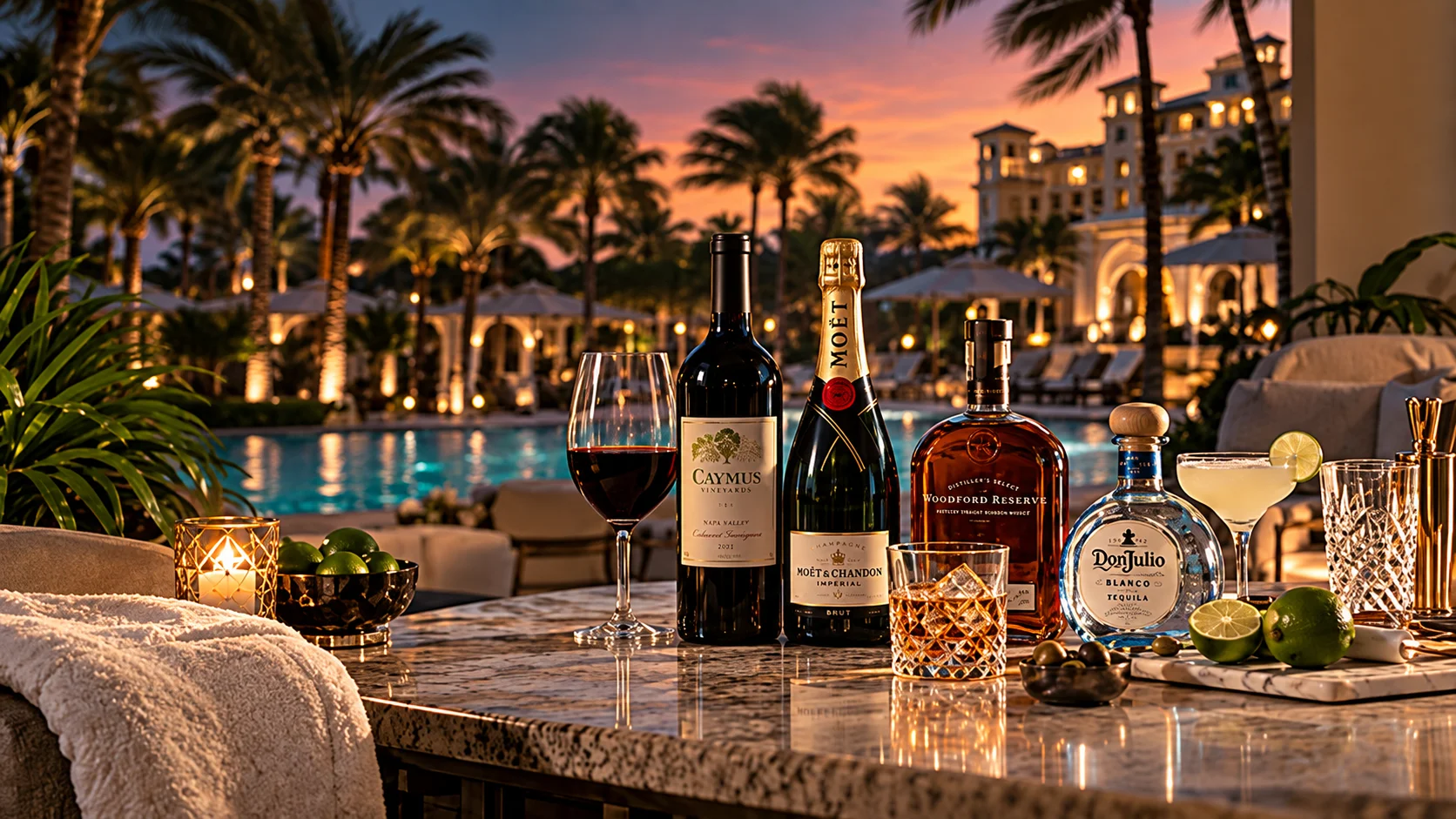 Elegant bar setup with premium spirits by a pool at sunset