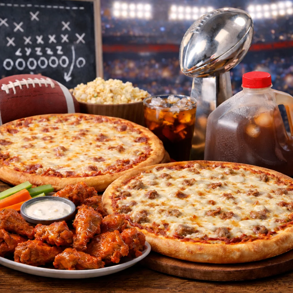 An assortment of game day food featuring two pizzas topped with meat, chicken wings with a dipping sauce, celery sticks, and popcorn, complemented by a football and a trophy.