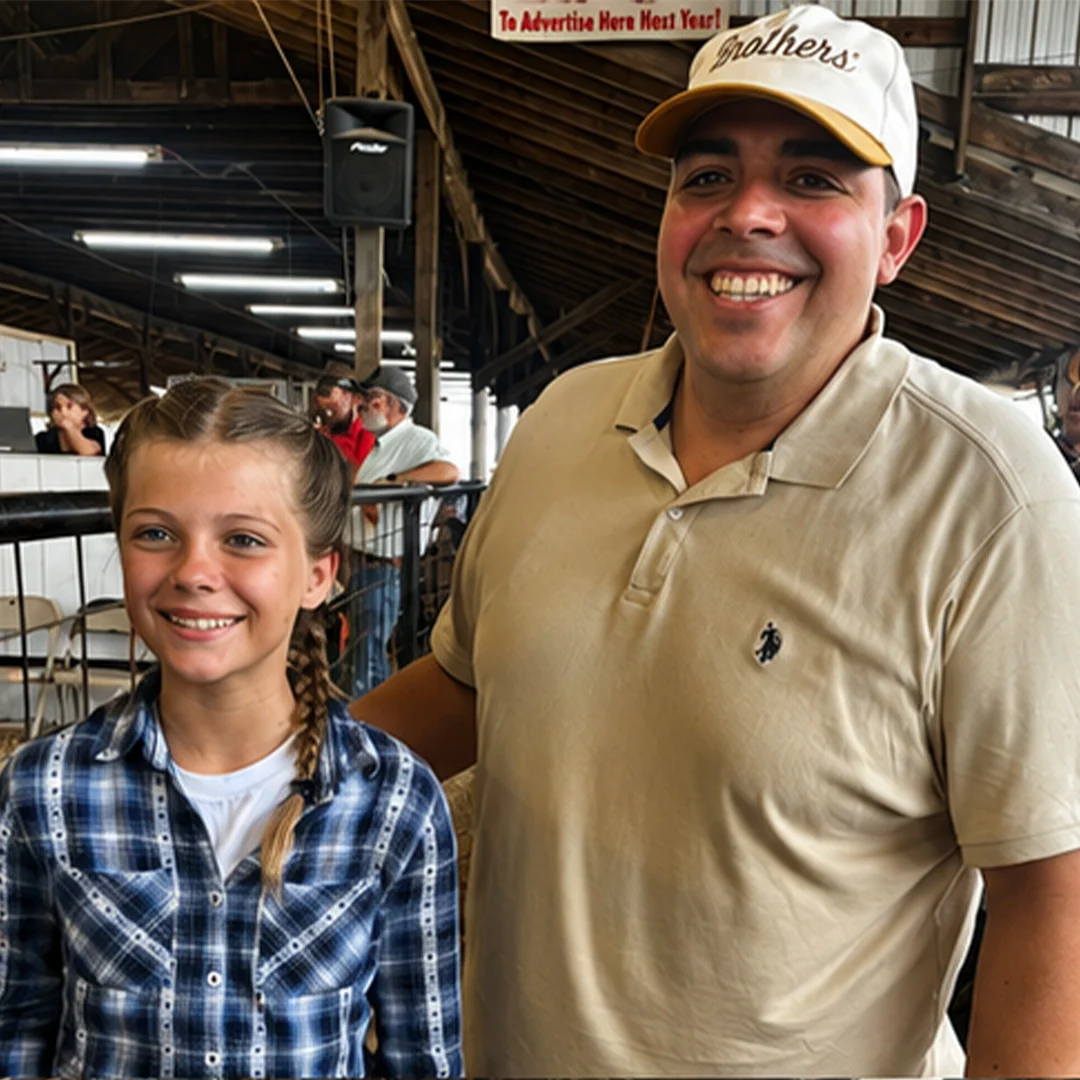Smiling man and girl posing at a fairground event