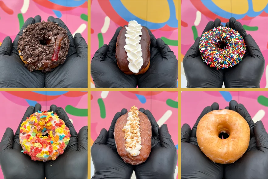 Colorful assortment of gourmet donuts on display
