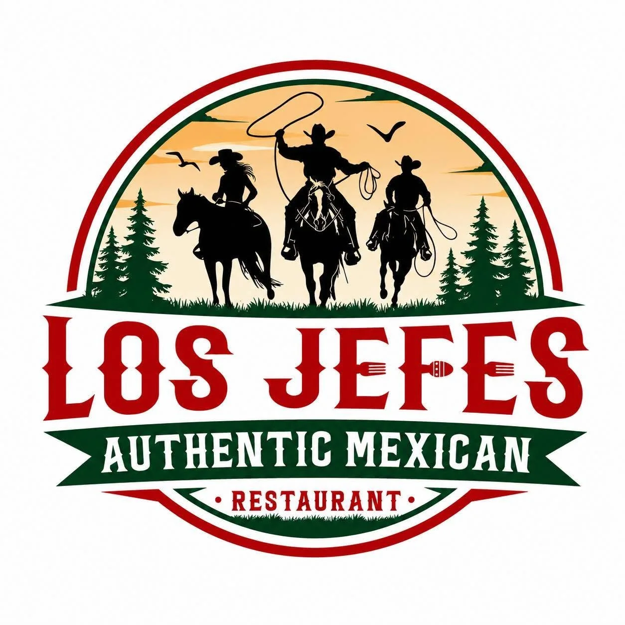 Logo of Los Jefes Authentic Mexican Restaurant featuring cowboys on horseback
