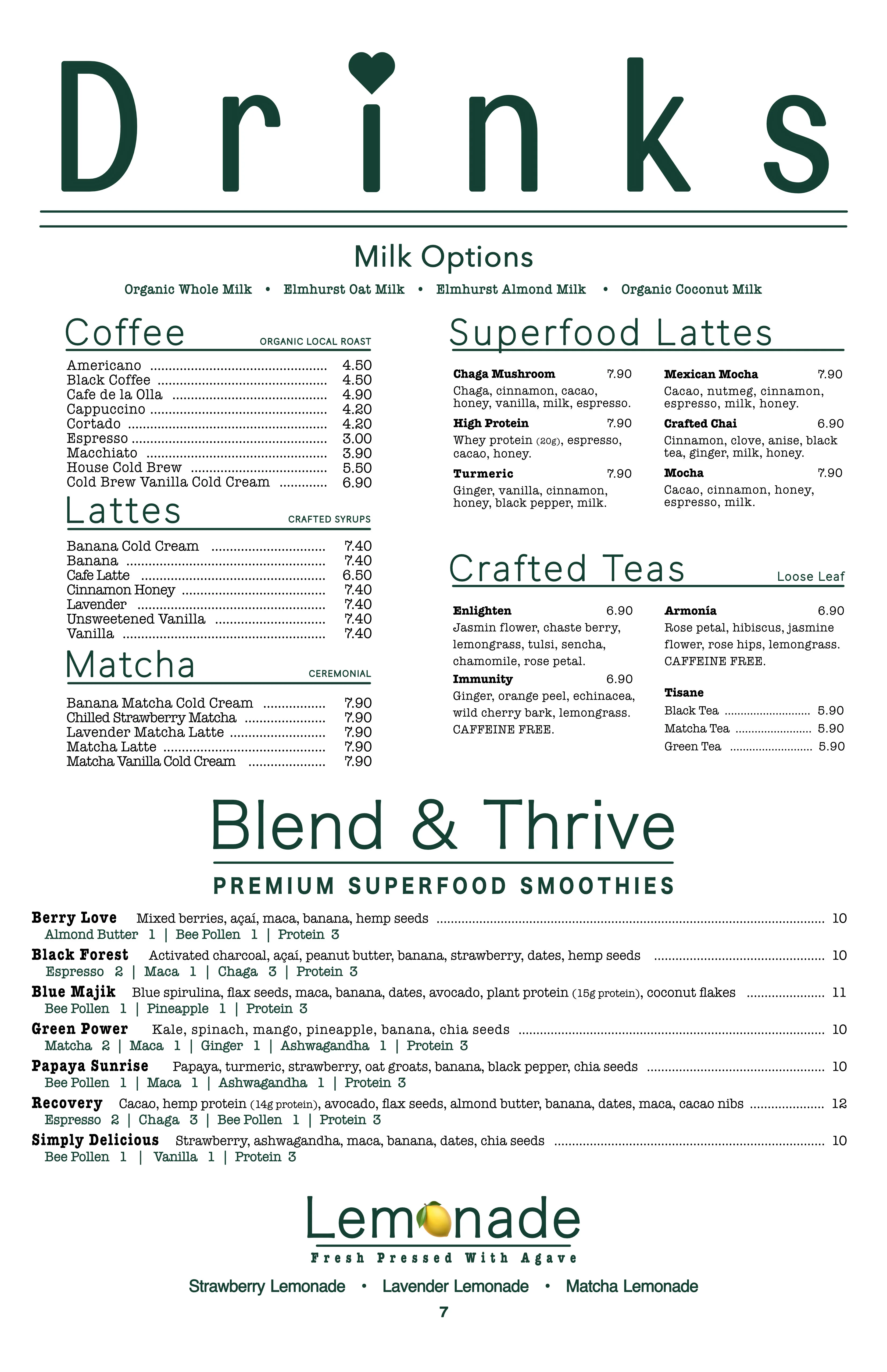 Menu showcasing a variety of delicious dishes and beverages.