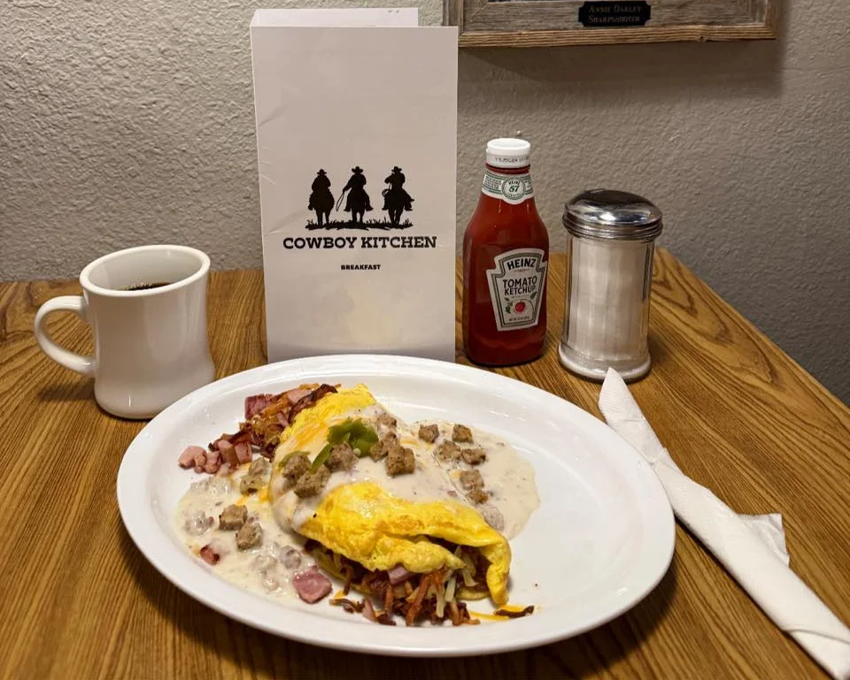 Hearty breakfast omelette with sausage gravy