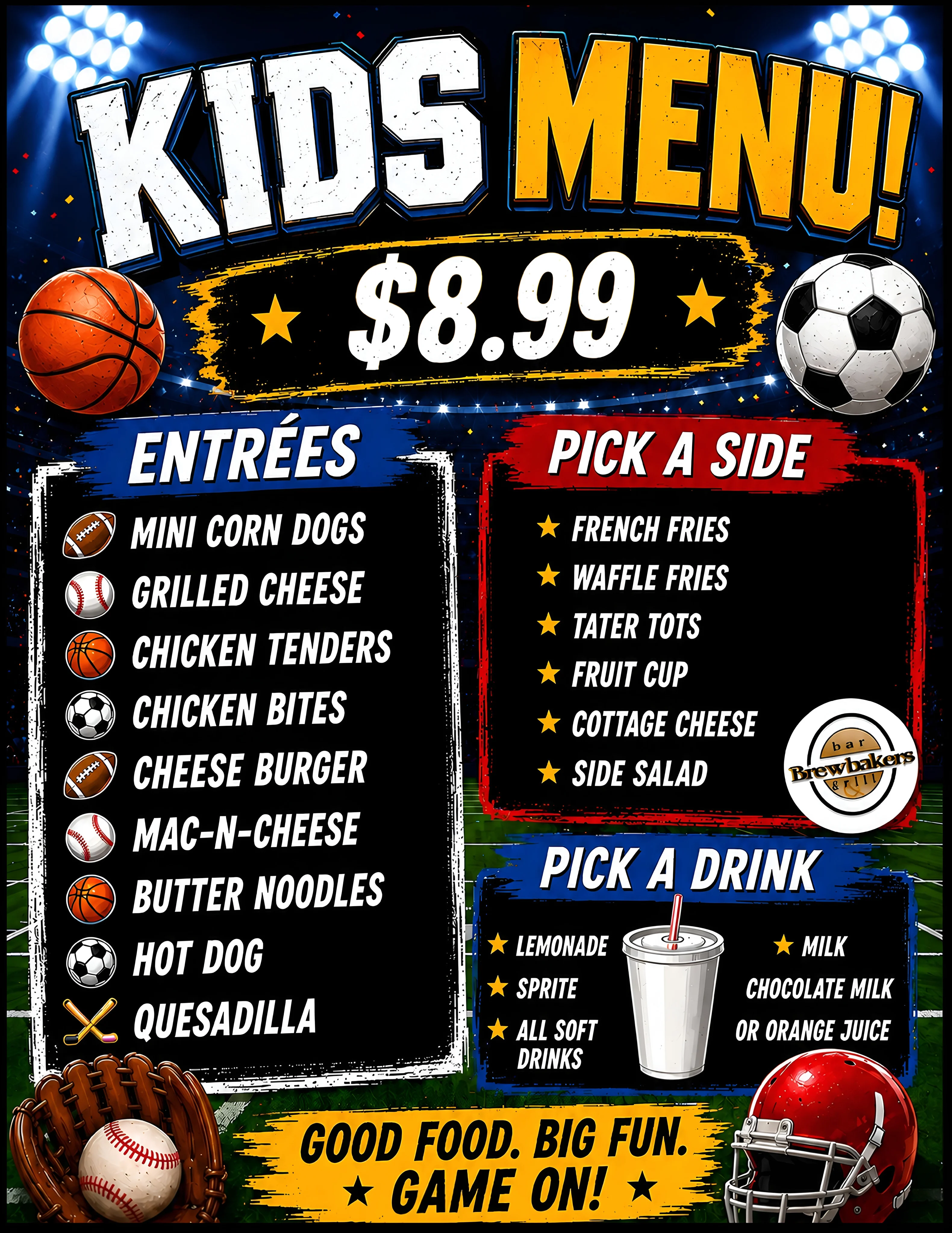Kids menu featuring various classic American dishes
