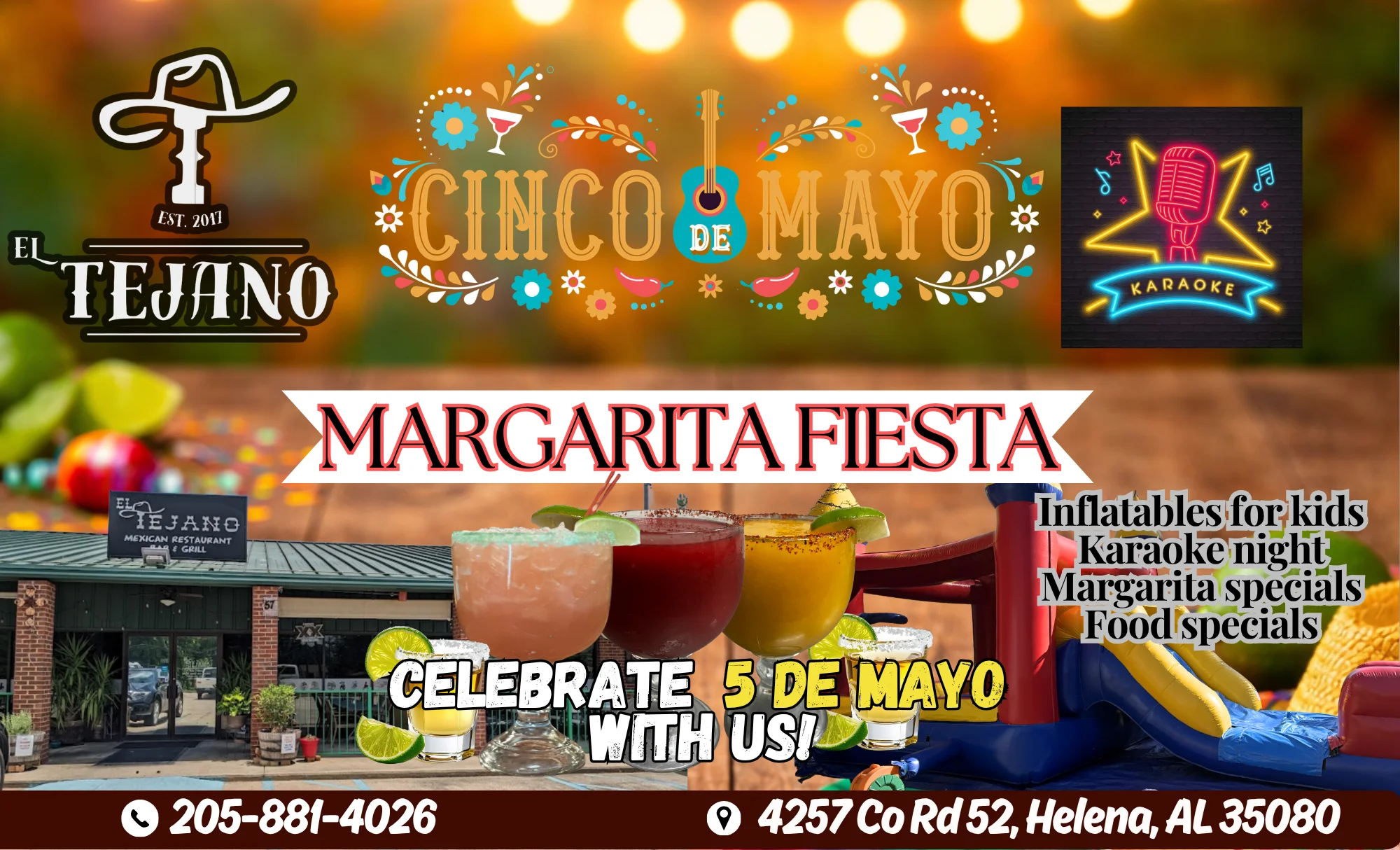 Celebratory Cinco de Mayo event with margaritas and karaoke at El Tejano