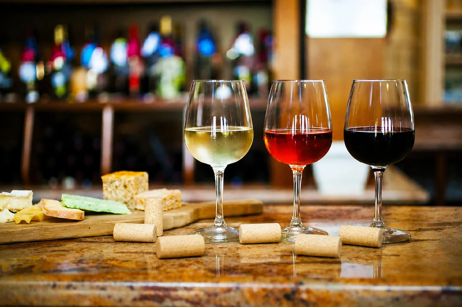Wine tasting with white, rosé, and red wines in elegant glasses