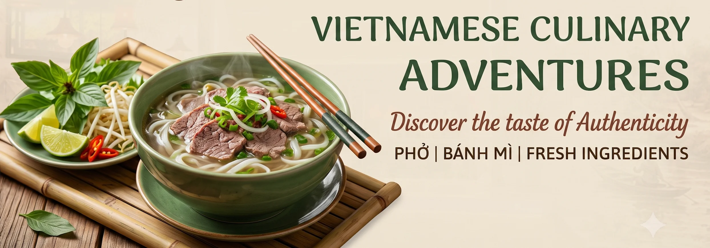 A steaming bowl of pho topped with beef, green onions, and herbs, served with lime wedges, bean sprouts, and chili slices on the side.