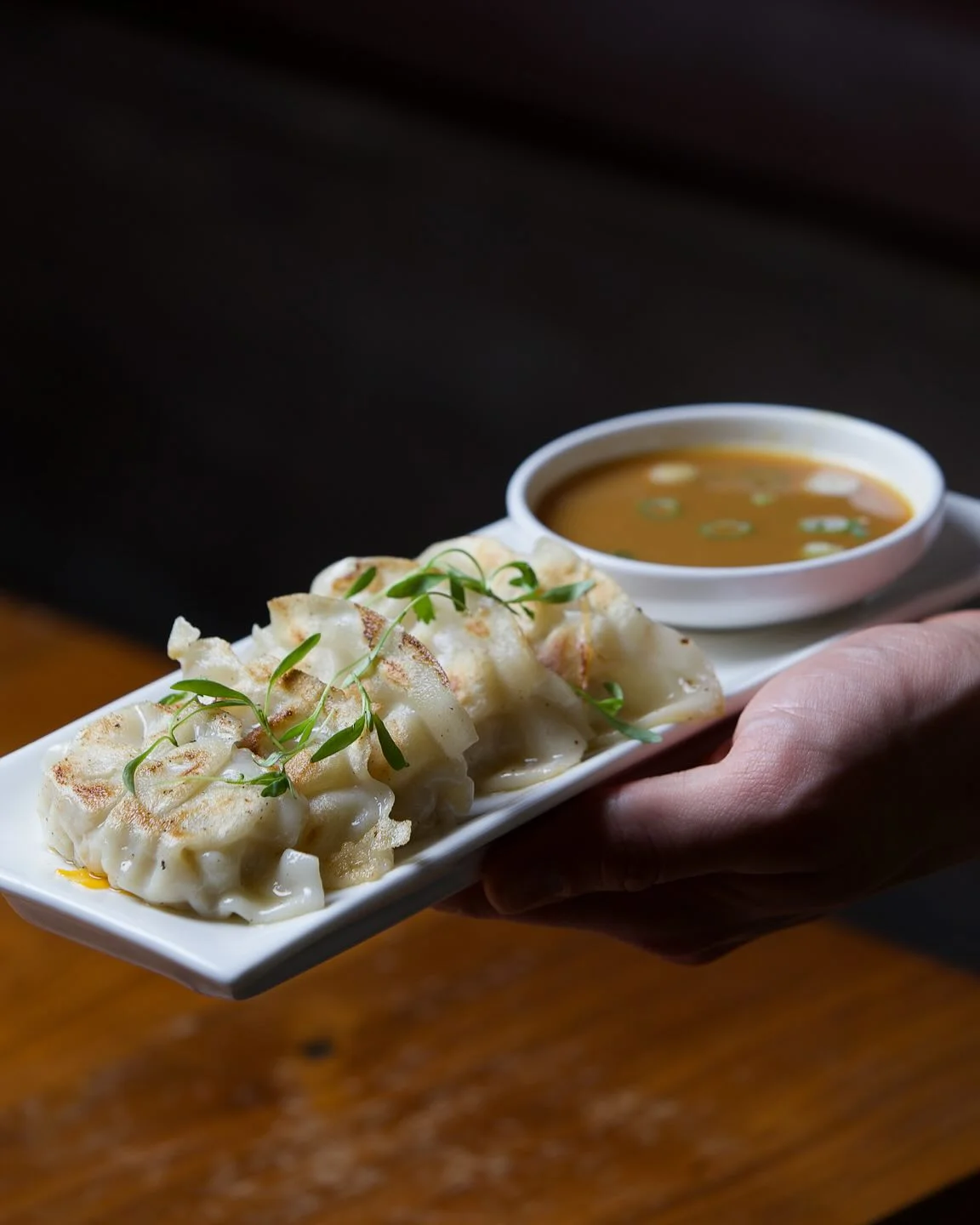 A row of pan-fried gyoza dumplings garnished with fresh microgreens