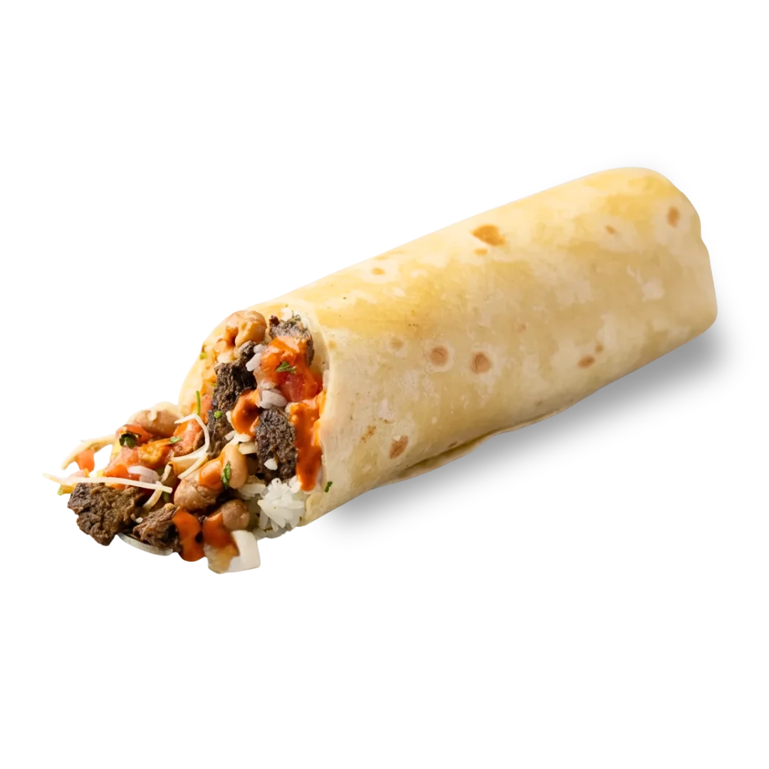 Two halves of a burrito wrapped in silver foil, revealing an interior of rice, black beans, and shredded seasoned meat.