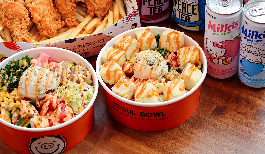 Korean fried chicken with Seoul bowls and assorted drinks
