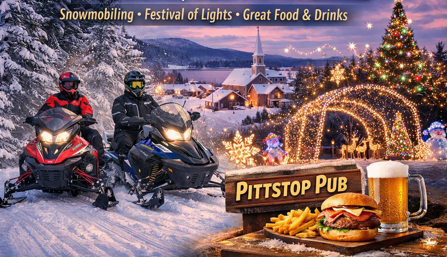 Snowmobiling in Pittsburg, New Hampshire with festive lights and food