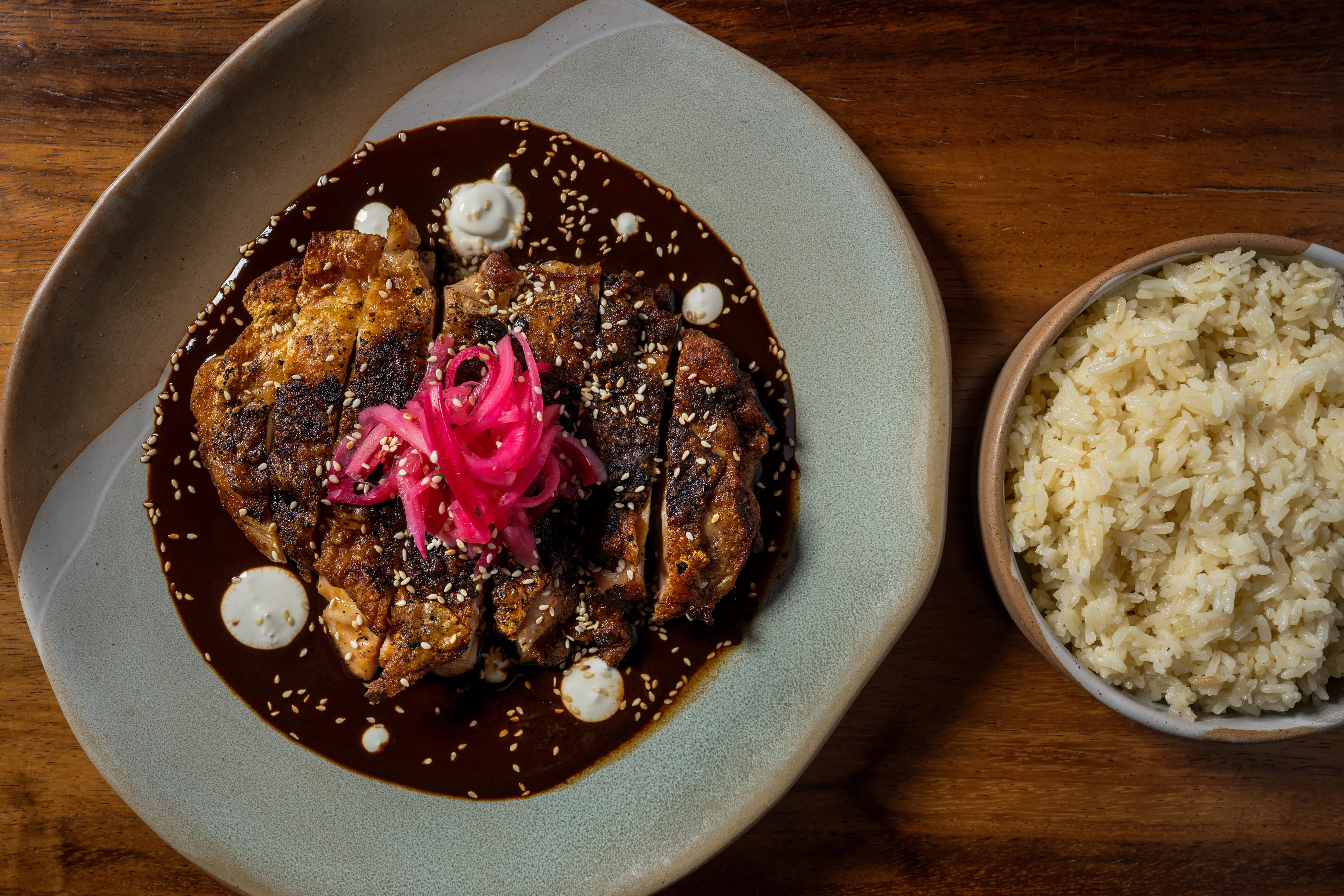 Mole poblano with grilled chicken and rice