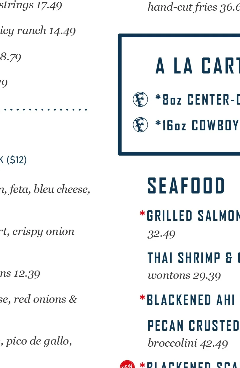 American grill menu featuring diverse starters and entrees