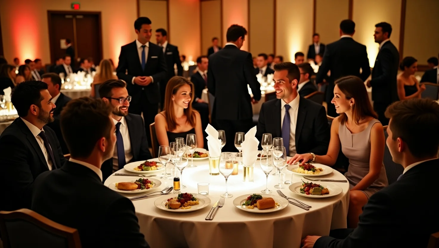 Elegant dining setup with guests enjoying gourmet dishes