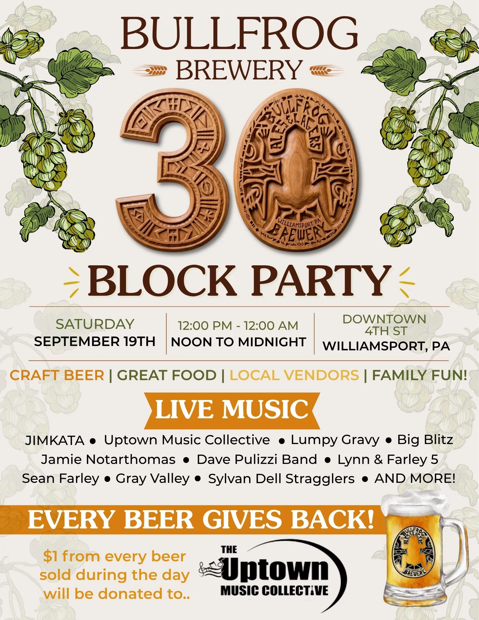 Bullfrog Brewery's 30 Block Party poster featuring craft beer and live music