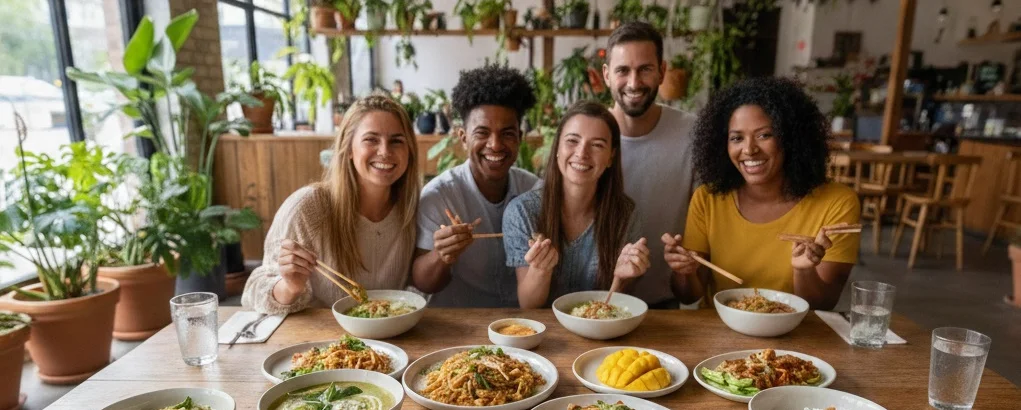 Group enjoying Asian noodle dishes in a cozy restaurant setting