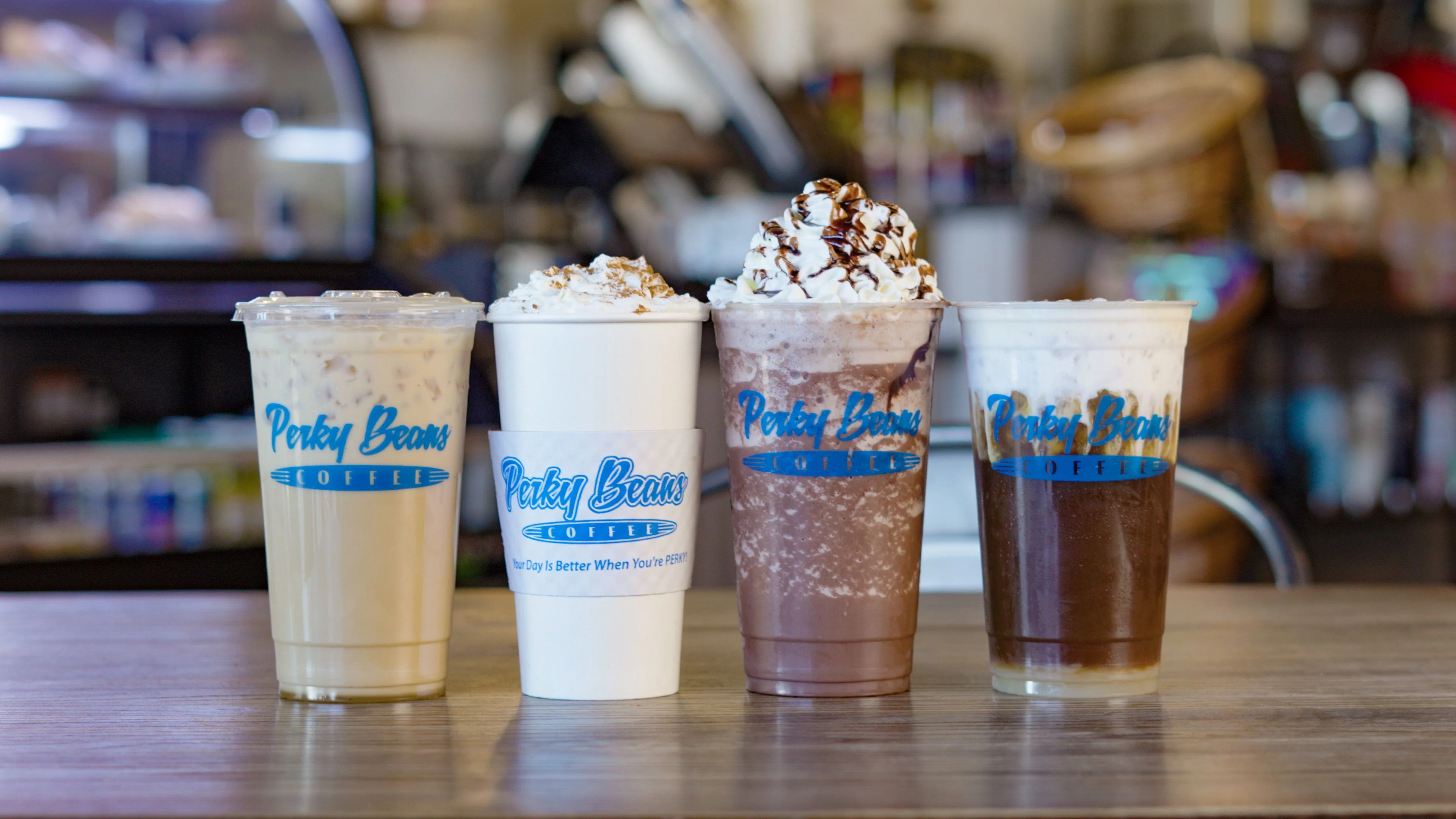 Variety of coffee drinks at Perky Beans Coffee