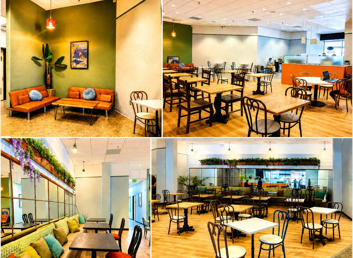 Exterior view of a modern restaurant with large windows and outdoor seating.