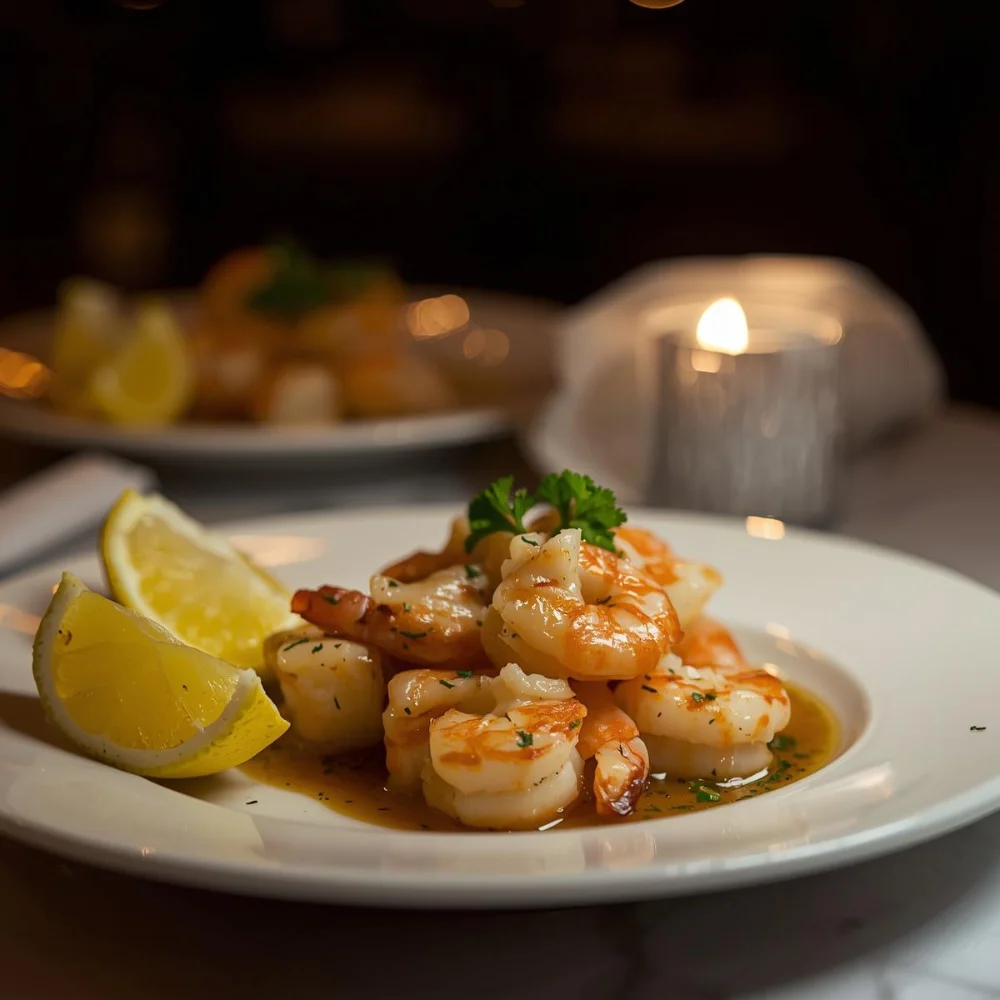 Delicious shrimp dinner served with sides on a plate.