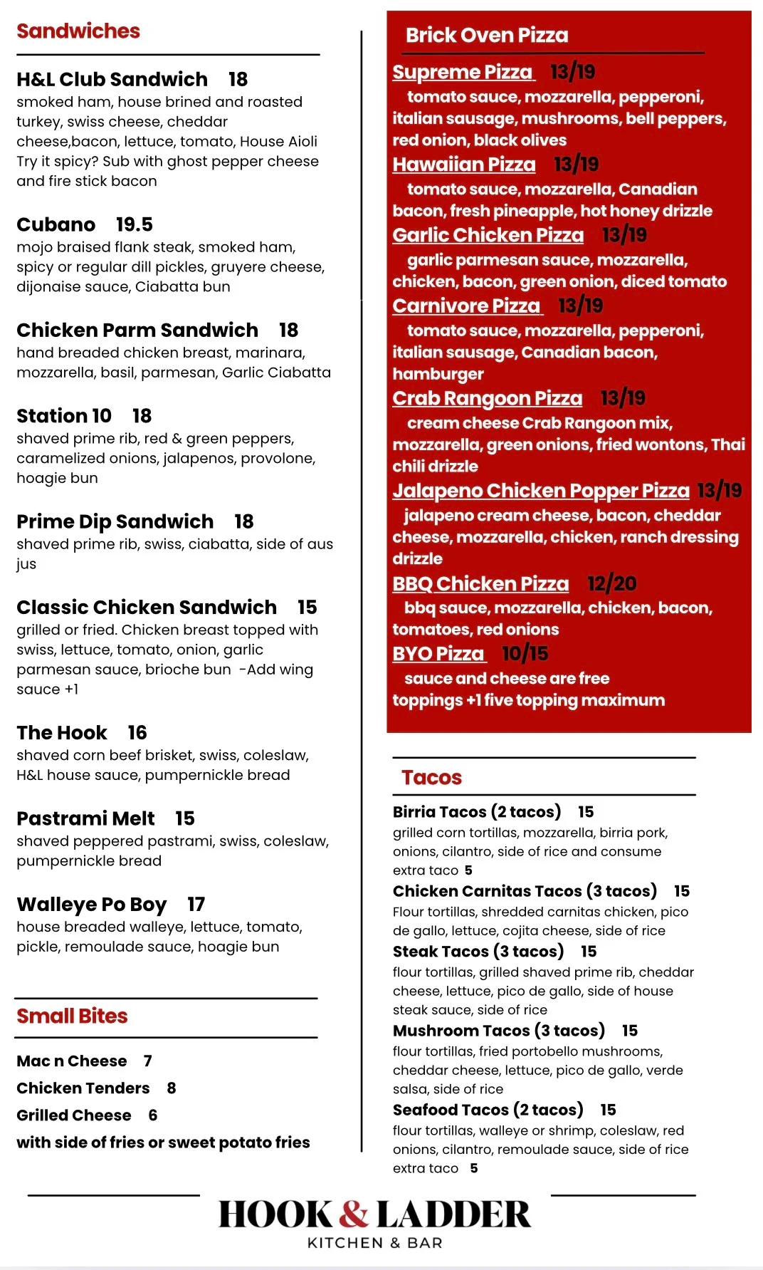 Restaurant menu featuring sandwiches, brick oven pizzas, tacos, and small bites