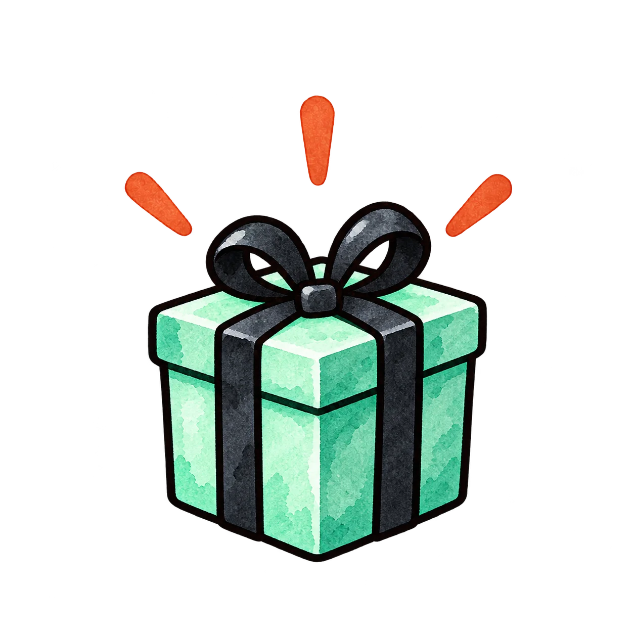 Illustrated mint green gift box with black ribbon and orange accents