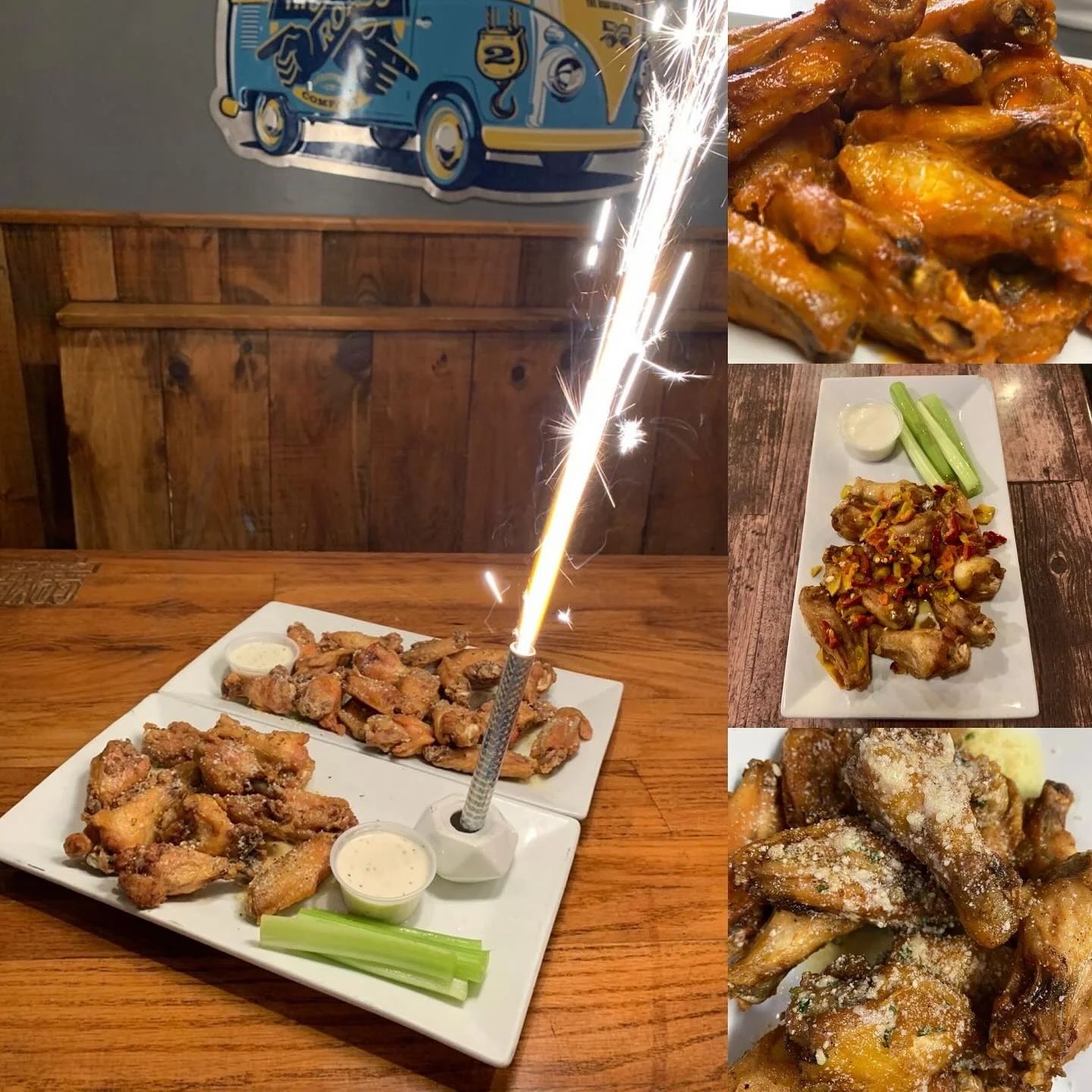 Platter of buffalo wings with celery and dipping sauce