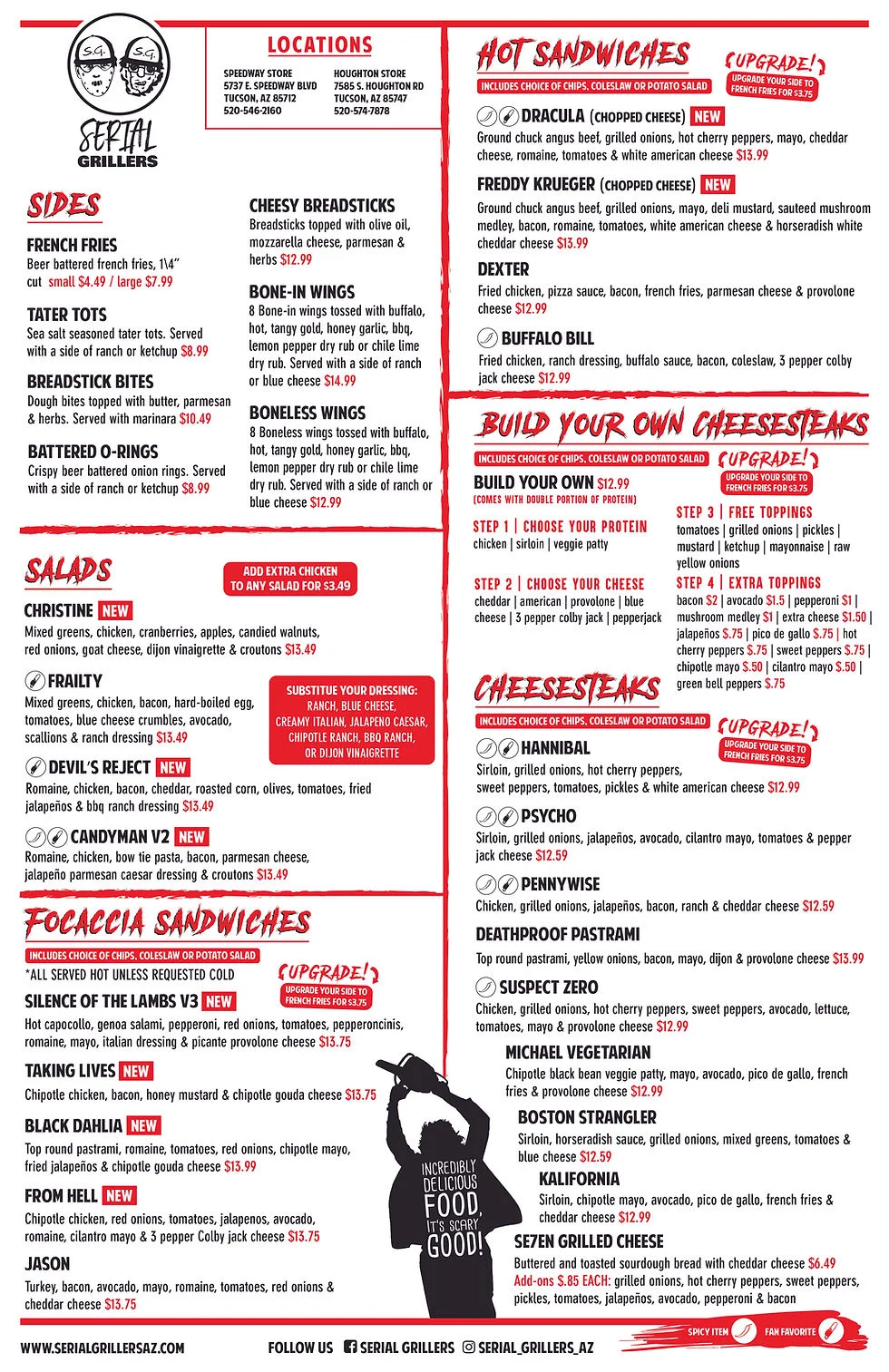 Menu of a casual American grill featuring sandwiches and sides