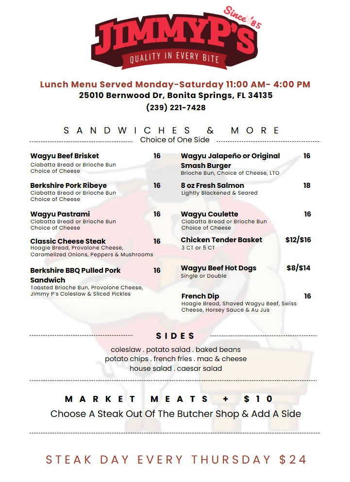 Lunch menu featuring gourmet sandwiches and sides at Jimmy's restaurant