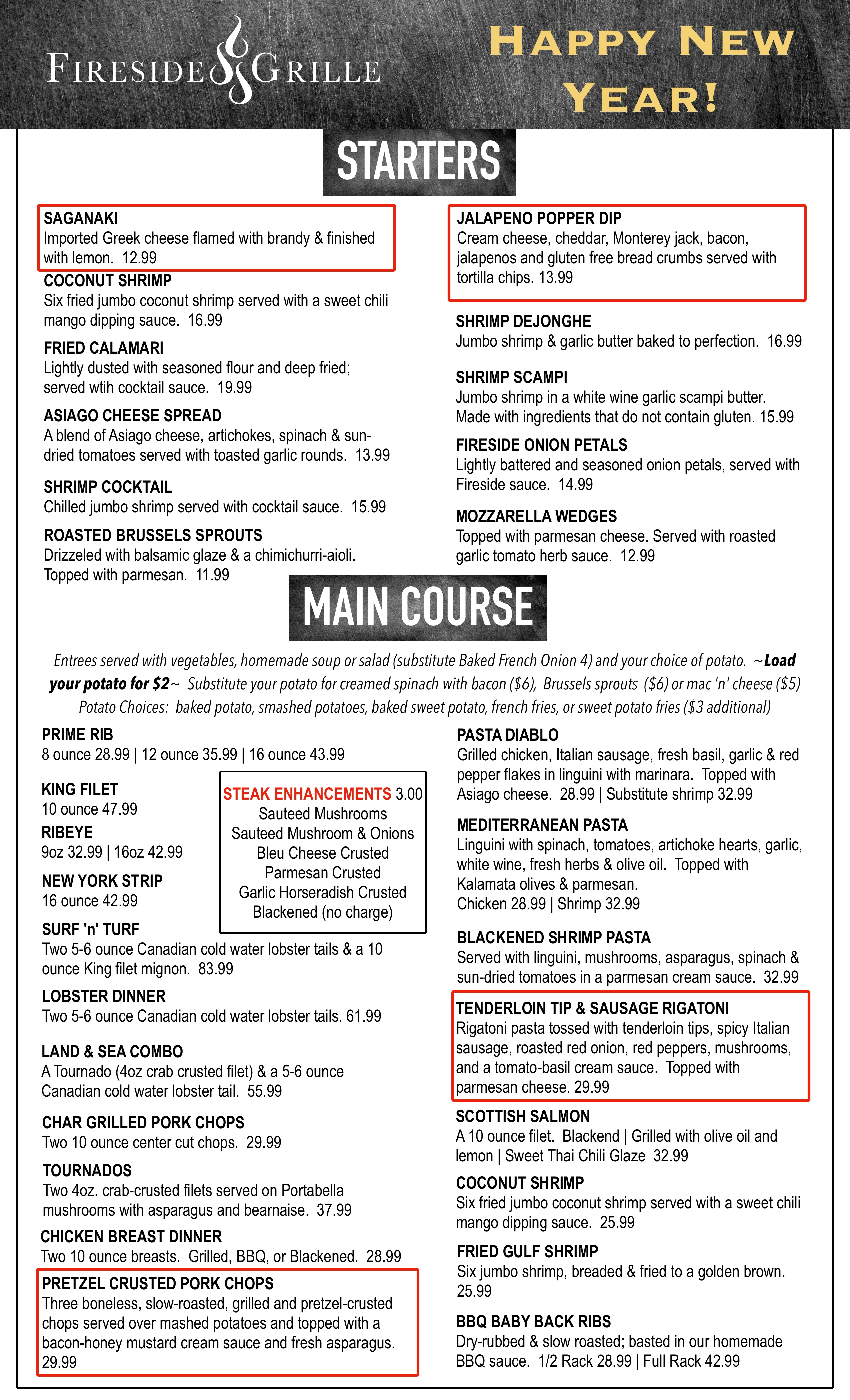 Menu featuring diverse starters and main courses at Fireside Grille